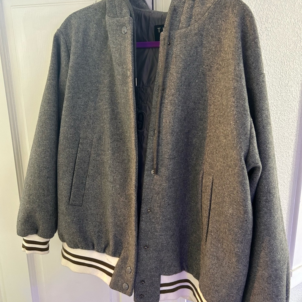 Gray Varsity Jacket with Striped Cuffs